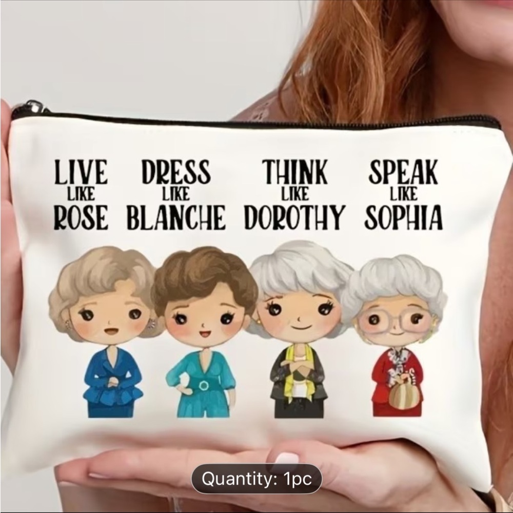 White Cosmetic Pouch with Golden Accents and TV-Inspired Illustration